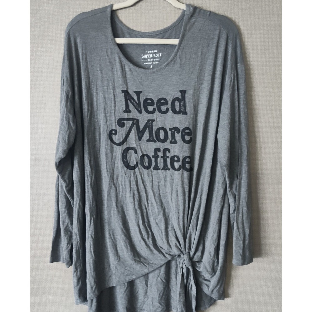 Torrid Super Soft Knits Need More Coffee Grey Tie Front Tunic Graphic Size 2 Top